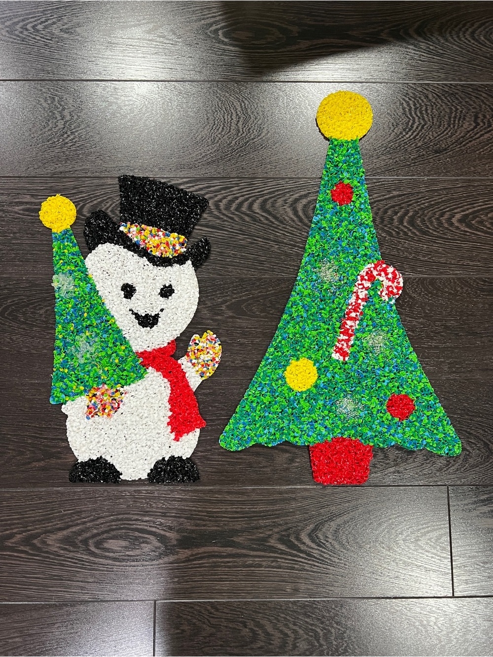Vintage Melted Plastic Popcorn Christmas Tree & Snowman Decor 24" Tall set of 2